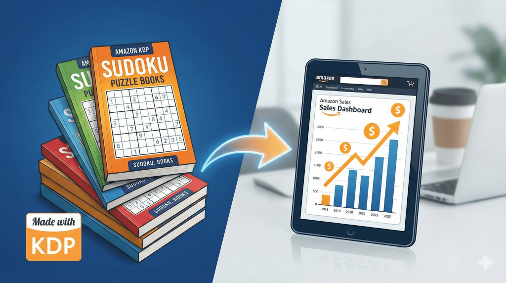Stack of colorful Sudoku puzzle books next to a tablet displaying a rising sales graph, representing Amazon KDP passive income success.