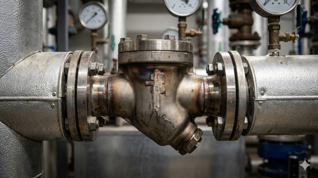 A realistic macro photography shot of a stainless steel Thermodynamic Steam Trap connected to an industrial steam pipe. Background shows a blurred boiler room with pressure gauges. High contrast, 8k resolution, cinematic lighting. generate this.