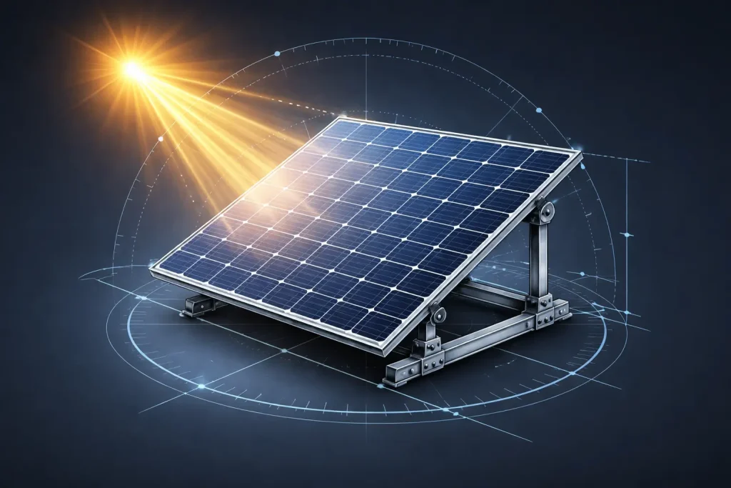 3D isometric illustration of a single solar panel mounted on a precise metal bracket. Bright, golden sun rays are striking the glass surface. Surrounding the panel are subtle, glowing geometric lines and protractor arcs suggesting the measurement of altitude and azimuth angles.