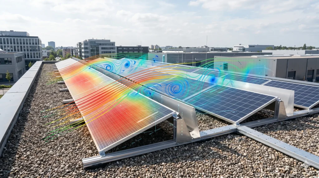 A computational fluid dynamics (CFD) simulation displaying colorful wind velocity streamlines and vortex shedding across a ballasted commercial rooftop solar array.