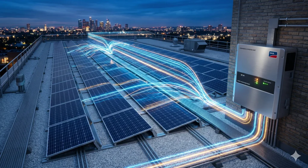 A conceptual digital rendering of a rooftop array demonstrating commercial PV string sizing by showing high-voltage DC strings connecting to an inverter.