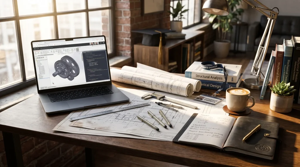 A modern engineering student's desk with blueprints, a laptop displaying CAD designs, and a cup of coffee, representing the transition from university to a professional engineering career.